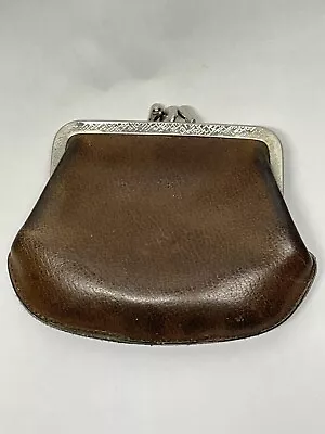 Vintage Leather Kiss Lock Change Purse Clasp 2 Compartment Coin Pouch • $8.95