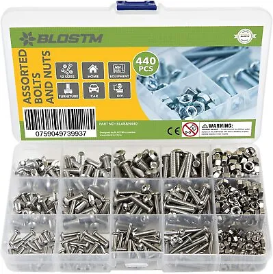 BLOSTM 440 Piece Nuts And Bolts Set Stainless Steel Assortment Of M3 M4 M5  • £11.39