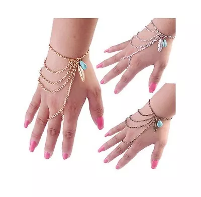 Womens Diamante GOLD Slave Chain Finger Ring Bangle Hand Harness Bracelet Beach • £3.88