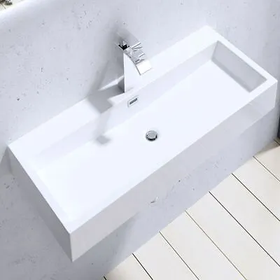 Bathroom Wash Basin Stone Resin Wall Hung Rectangle Sink Vanity White 765x420mm • £87.85