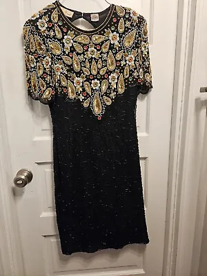 Vintage Laurence Kazar Silk Beaded Sequin Dress Sz S MARDI GRAS ? • $29