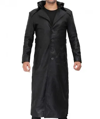 Mens Black Long Leather Hooded Coat Trench Matrix Coat Detachable Hood • $89.99