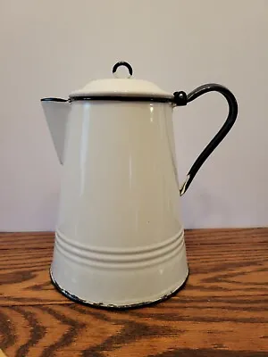 Vintage White Enamelware W/ Blue Trim Coffee Pot Hinged Lid Rustic Decor Antique • $29.95