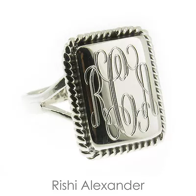 925 Sterling Silver High Polished Monogram Rectangular Rope Edge Signet Ring • $29.99