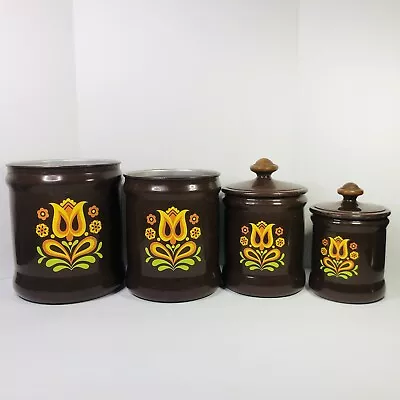 Vintage West Bend Metal Brown Tulip Canister Set Of 4 Missing 2 Lids • $41.36