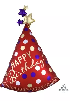 Anagram 39061 36” Large Red Satin Happy Birthday Party Hat Foil Mylar Balloon • $8.50