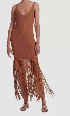 $345 Staud Women Brown Cossette Crochet Fringe Dress Size Small • $110.78