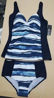 Ladies Oyster Bay Blue Stripe 2 Piece Swimming Tankini Set Swimwear UK Size 12 • £14.99