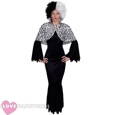 £17.99 • Buy Ladies Cruella Costume Scruffy Wig Dress Dalmatian Cape Halloween Fancy Dress