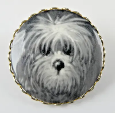 VINTAGE Hand Painted PORCELAIN Brooch DOG PIN Miniature Painting SHIH TZU Cute • £7.10
