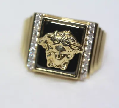 10K Solid Real Yellow Gold Men's Wide Medusa Versace Onyx Statement Ring Sz 9.5 • $473.72