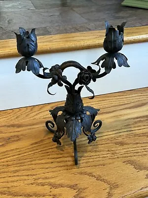 Antique Candlestick Holder Candelabra  Iron Rose Leaf Floral Hand Made • $249.99