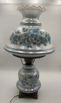 Hurricane Lamp Opalescent Blue Gray Flowers 26” Tall C3 • $100