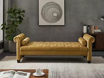 Velvet Sofa Bench With Solid Wood Legs  Cylindrical Pillows - Elegant  Stylish • $497.48