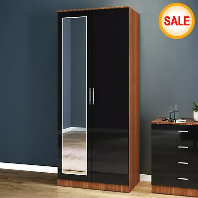 2 Door Double Wardrobe Storage With Mirrore Black Walnut Furniture Cupboard  • £147.99