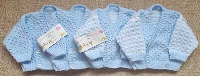 Hand Knitted Newborn Baby Boy's Crossover Style Cardigan Blue/White Stripes • £7.50