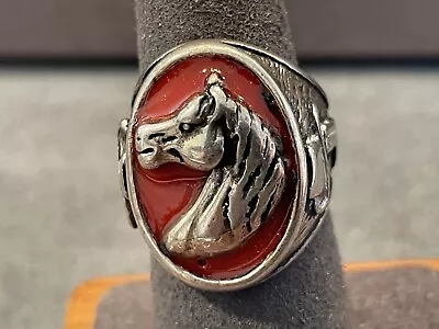 Vintage G&S Silver Tone Enamel Horse Signet Band Style Ring Sz 7--661.24 • $24.99