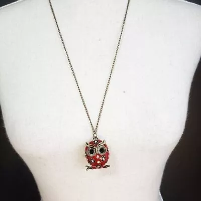 Vintage Style Gold Red Owl Pendant Necklace • $7.99