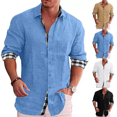 Men Cotton Linen Smart Shirts Grandad Work Casual Slim Fit Long Sleeve Tops Size • £11.19