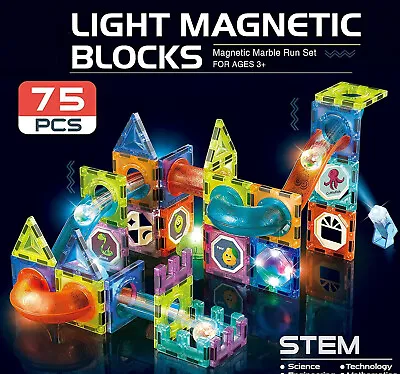 75X DIY Magnetic Building Blocks Construction Tiles Kit Set W/ Light Kids Toys • £17.89