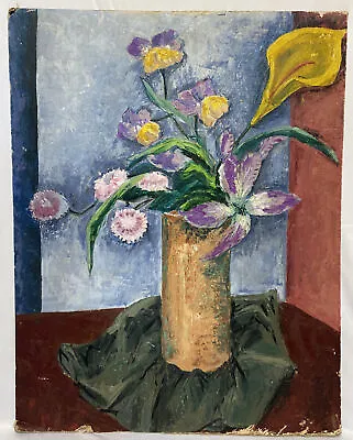 $78 • Buy Vintage Original Floral Still Life Oil Painting On Board Signed 28x22 Distressed