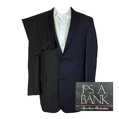 Jos A Bank Signature 2 Piece Suit Mens 42L 33x31 Black Stripe Super 100s Wool • $45