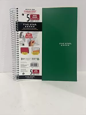 Five Star Spiral Notebook 5 Subject Wide Ruled Paper 200 Sheets Green • $12.95