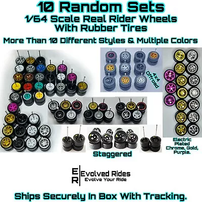 1/64 Scale 10 RANDOM Sets Real Rider Wheels Rubber Tires Hot Wheels Matchbox • $14.99