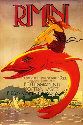 Rimini Italy Summer 1922 Beach Girl Riding Big Fish Vintage Poster Repro FREE SH • $17.90