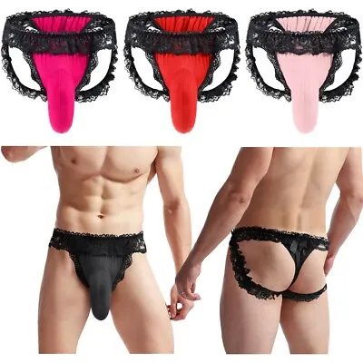 UK Men T-back Thongs High Stretchy Briefs Frilly Lace Panties Open Butt Clubwear • £10.29