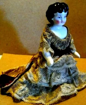 Antique 5  Porcelain Dollhouse Mignonette Doll In Orig FRENCH Fashion Silk Dress • $355.98