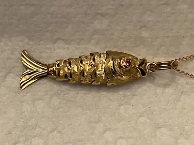 18k Yellow Gold Articulated Fish Pendant Ruby Eyes&14k Gold Necklace Chain Italy • $600