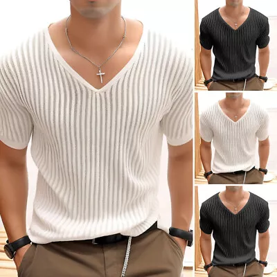 INCERUN Mens V-Neck Short Sleeve Striped Sheer Tops Summer Casual Loose T Shirt • $18.04