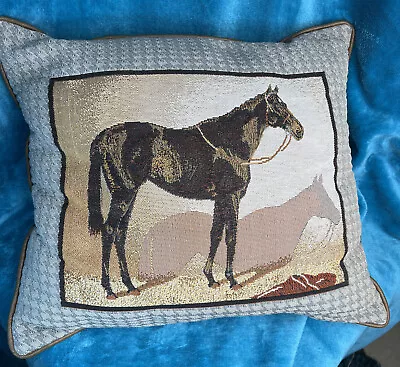 Equestrian Horse Tapestry Throw Pillow Houndstooth Woven Victorian 18”x16”.  6 • $14.99