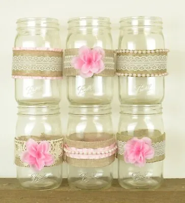 Six Pink & White Burlap Mason Jar Sleeves W Flowers Lace - Rustic Wedding Decor • $19.99