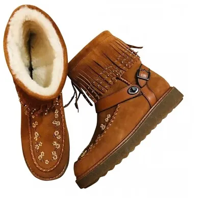 COACH Roccasin Indian Shearling Designer Winter Beaded Fringe Boots 7 M • $124.99