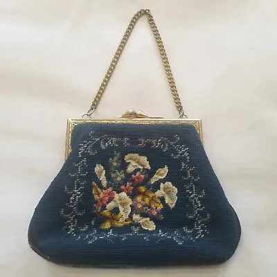 VTG Floral Needlepoint Purse Tapestry Bag Handbag Clutch Blue Flower Chain Strap • $47.95