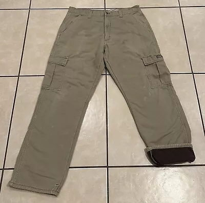 Mens 34X32 Wrangler Khaki Fleece Lined Relaxed Fit Cargo Work Pants Distressed • $12.99