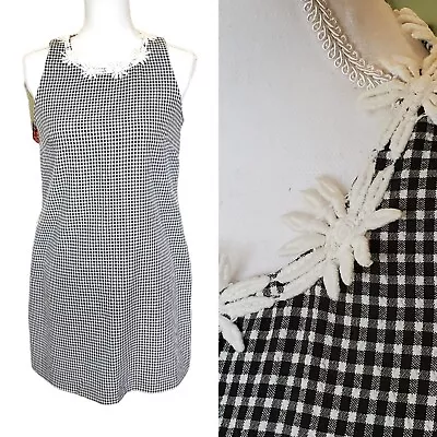 Vintage 90s Does 60s Mod Gingham Plaid Shift Dress Black White Floral Crochet • $39.99