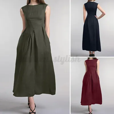 $31.34 • Buy ZANZEA Women Sleeveless A-Line Midi Sundress Crew Neck Slim Elegant Casual Dress