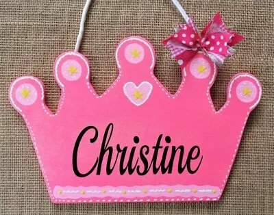 Personalized CROWN  Pink Glitter Room Door SIGN Wall Hanger Bedroom Plaque Name • $13