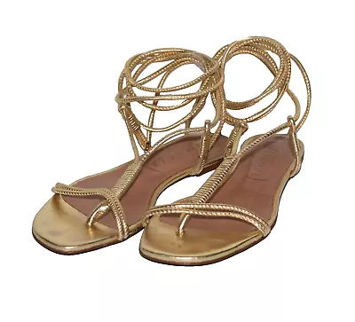 ANTHROPOLOGIE VICENZA Gold Leather Ankle Wrap Sandals Size US 9/EU 40 • $74.95