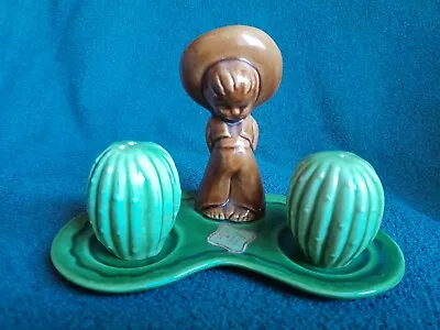 Vintage 1950s Arcadia Ceramics Salt & Pepper Shakers Boy In Sombrero With Cactus • $18