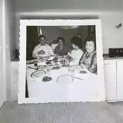 Vintage B&W Photo Family Dinner Kitchen Table Sunday Easter Christmas  • $6