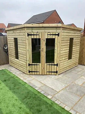 GARDEN SHED CORNER SUMMER HOUSE TANALISED SUPER HEAVY DUTY 10x10 19MM T&G. 3X2 • £2280