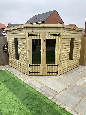 GARDEN SHED CORNER SUMMER HOUSE TANALISED SUPER HEAVY DUTY 10x10 19MM T&G. 3X2 • £2280