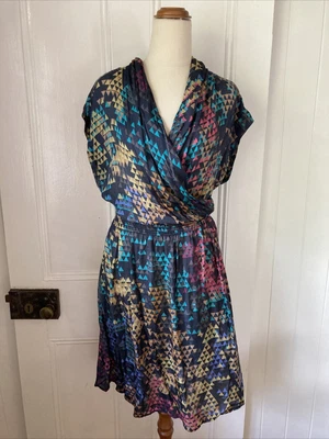 $55 • Buy Gorman Size 14 Navy Blue Multicolour Tessalate Print Faux Wrap Dress Pockets