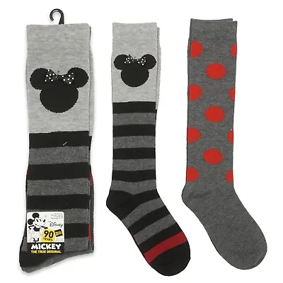 Disney 90 Years Mickey Minnie Mouse 2 Pair Knee High Socks 9-11 Shoe Size 4-10 • $15.95