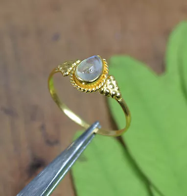 925 Sterling Silver 24CT Gold Overlay White Rainbow Moonstone Ring -9 US E342 • $8.99