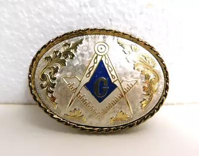 Vintage Masonic Belt Buckle Oval Gold Silver Blue Freemason USA Unused Condition • $20.97